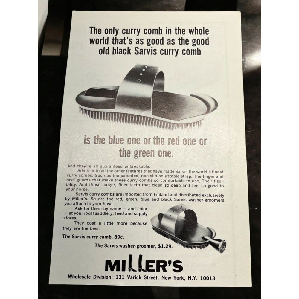 Sarvis Curry Comb Vintage Print Ad 1970s Horse Grooming Millers Wholesale NY